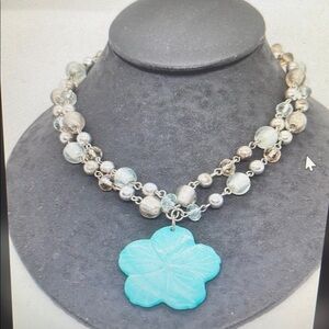 Chic Beaded Necklace with Blue Flower Pendant